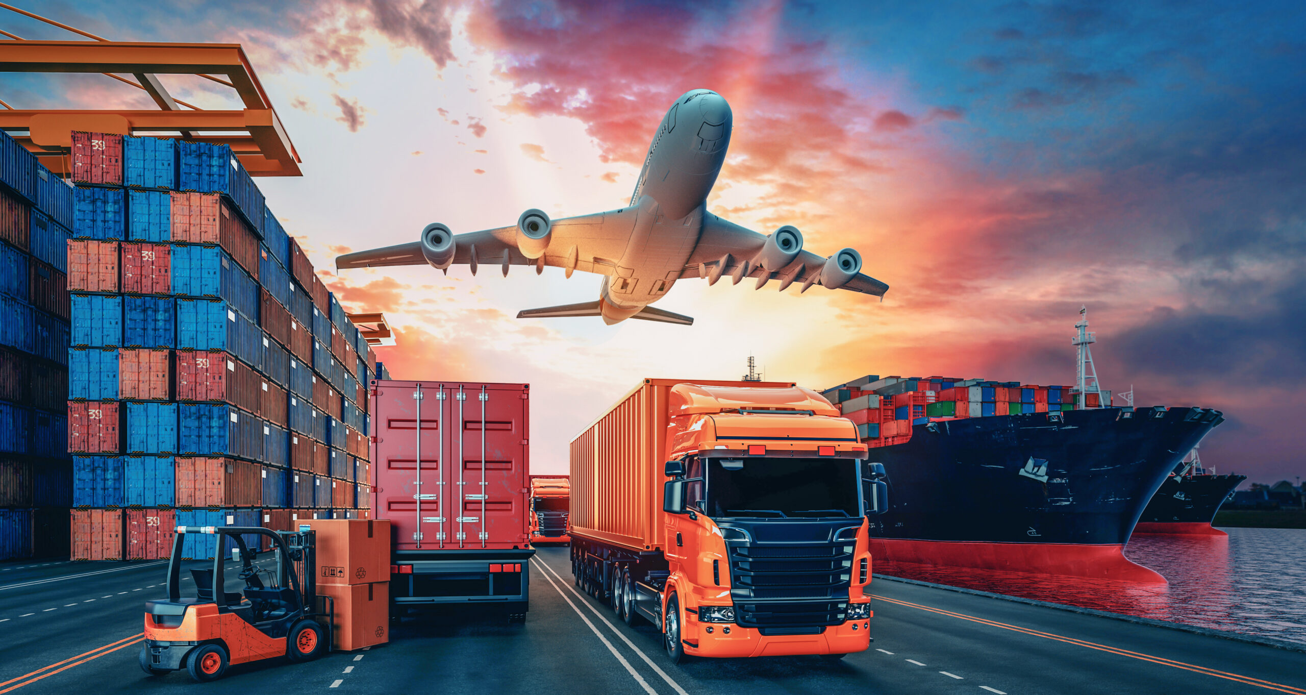 Freight truck, cargo ship, containers and aircraft at sunset